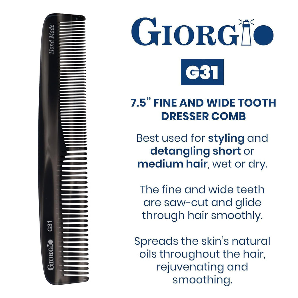Giorgio G31 Fine Tooth and Wide Tooth, Hair Comb - Hair Styling Comb for Men, and for Women, Mens Beard Care Combs for Detangling and Styling - Handmade Saw-Cut and Hand Polished (Black Graphite)