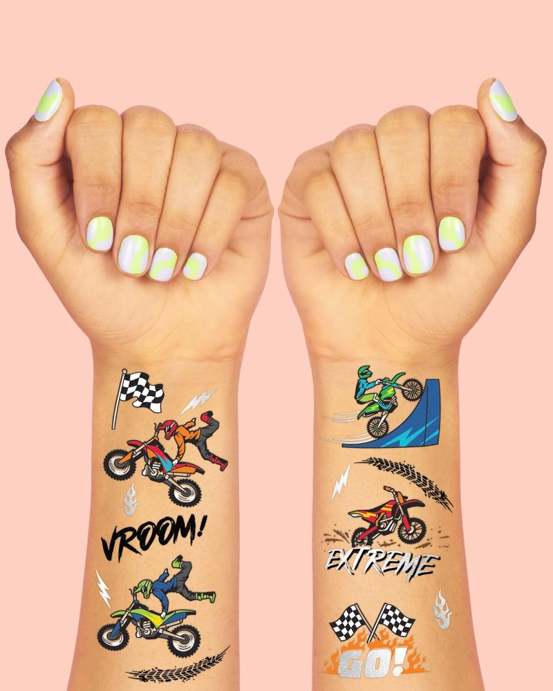 xo, Fetti Dirt Bike Temporary Tattoos Party Decorations - 48 Silver Foil | Birthday Party Decorations, Motocross Accessory, Motorcycle Theme Favor, Boys Bicycle Gift + Supplies, Checker Flag Décor