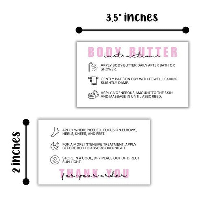 Body Butter Care Instruction Cards | 50 pk 2x3.5” Client Packaging Bulk Jar Ingredient Warning Label Stickers Container Stick
