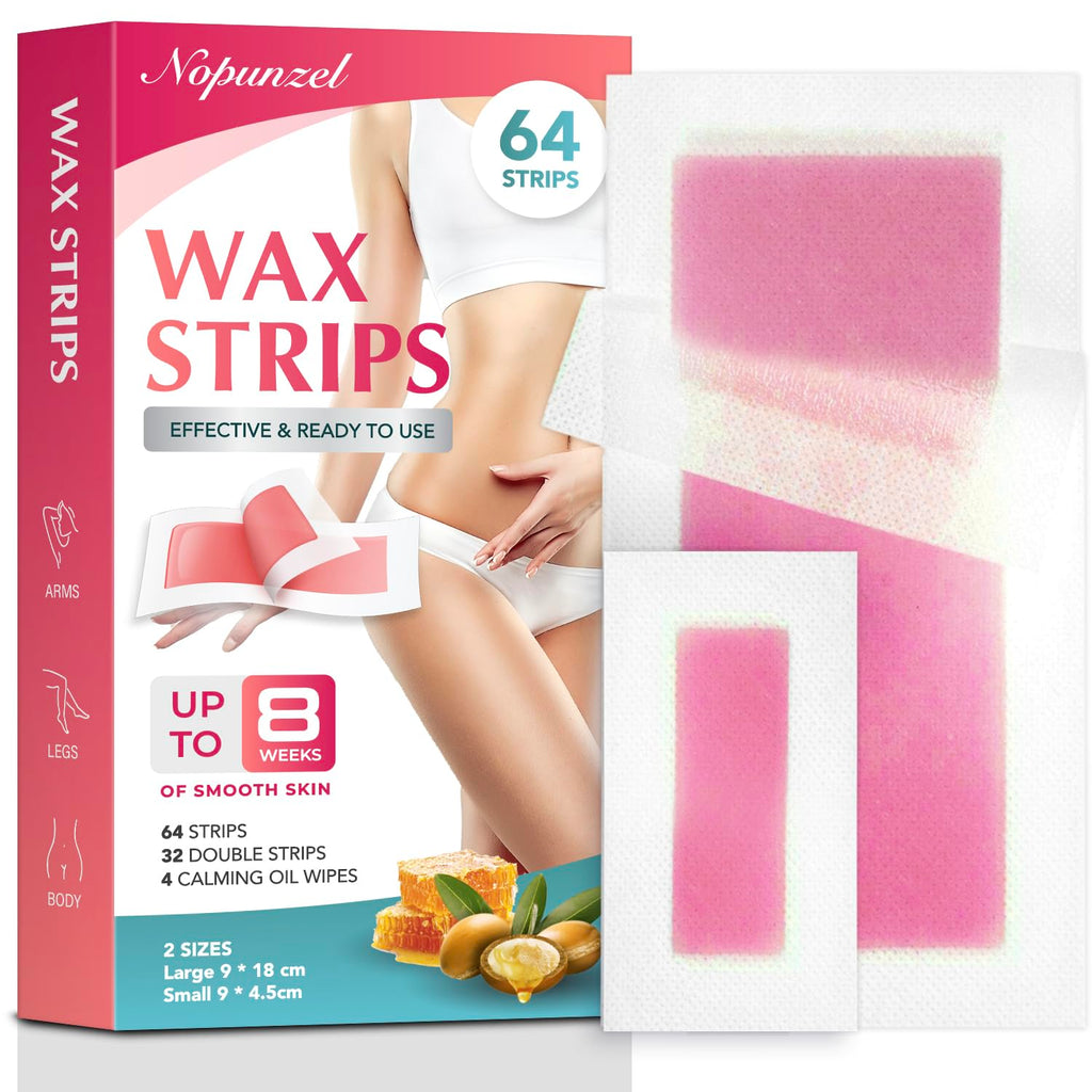 Wax Strips: 64 Waxing Strips - Hair Removal Wax - Brazilian Waxing - Waxing Kit for Women - Body Legs Arms Chest Back Bikini - Wax Kit At Home for Hair Removal - 4 Calming Oil Wipes - 2 sizes