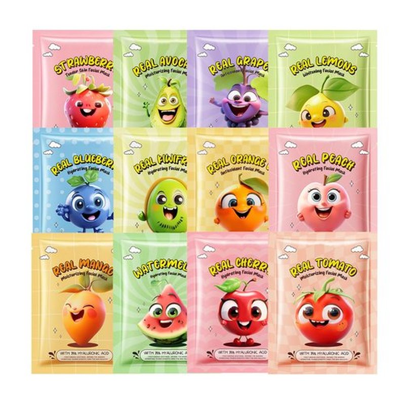 12 Pack Fruit Kids Face Mask, Stocking Stuffers, Skin Care for Kids, Face Mask for Kids, Kids Face Masks Spa, Spa Party Supplies for Girls, Facial Mask Skincare Gifts Set, Nourish for All Skin Types