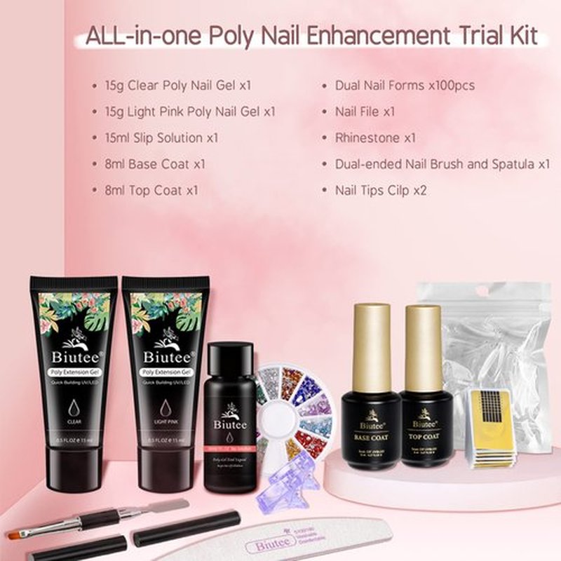 Poly Nail Gel Builder Kit - Clear & Light Pink Gel Extension Starter Kit with Slip Solution, Rhinestone, DIY Manicure Home Gift