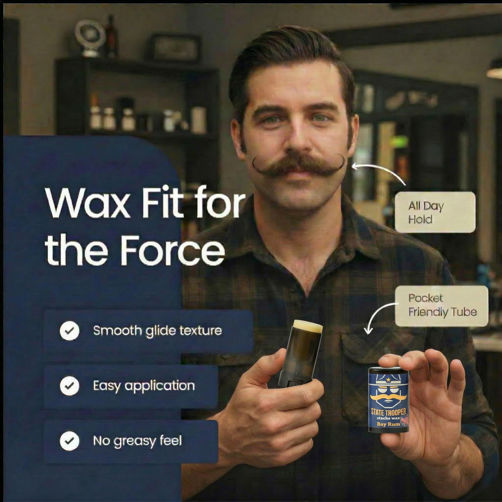 State Trooper Bay Rum - Medium Hold Mustache Wax with Beeswax, Coconut Oil & Lanolin – Natural Moustache Grooming & Styling - Nourishing Moustache Conditioner & Sculpting - 0.5 Ounce Stick/Tube
