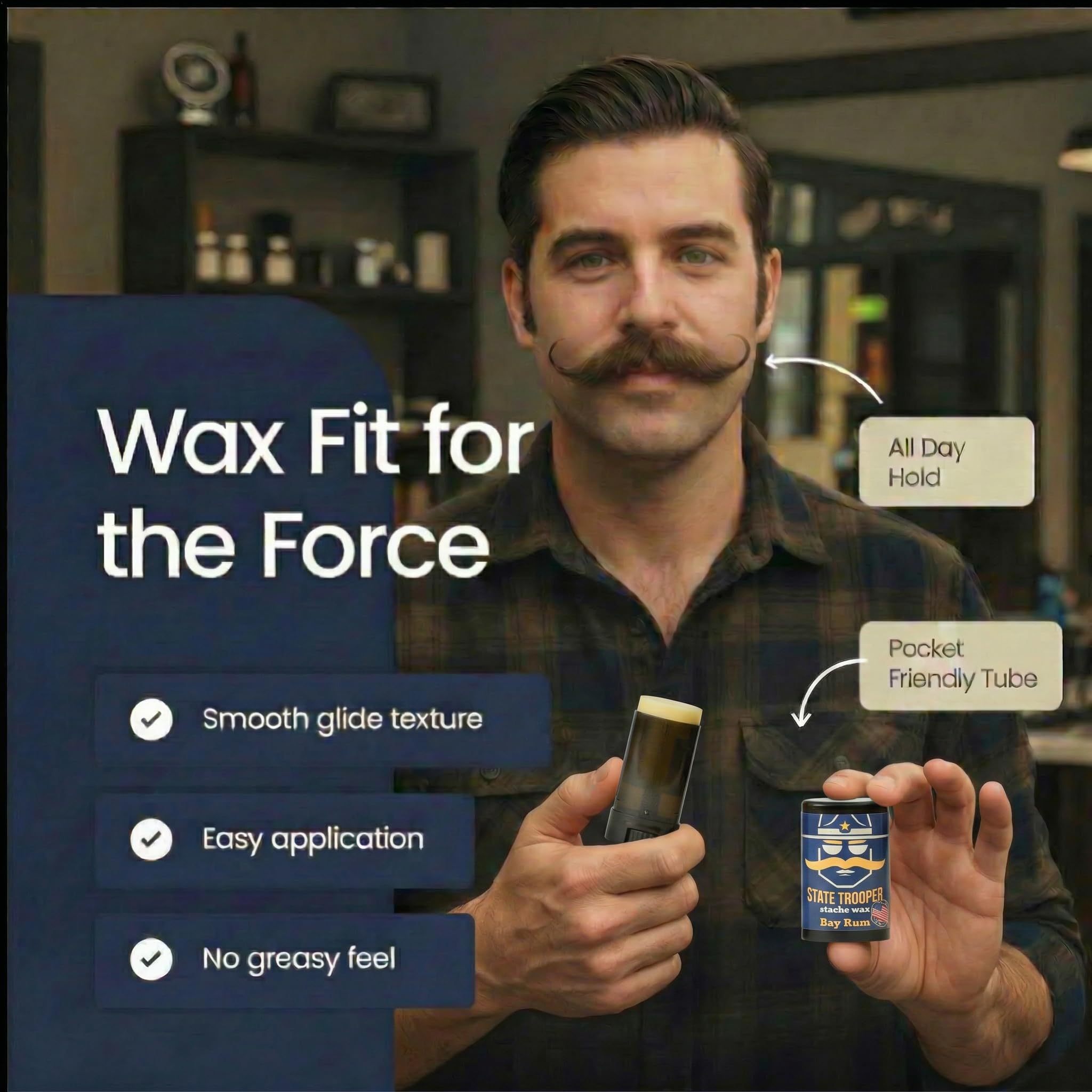 State Trooper Bay Rum - Medium Hold Mustache Wax with Beeswax, Coconut Oil & Lanolin – Natural Moustache Grooming & Styling - Nourishing Moustache Conditioner & Sculpting - 0.5 Ounce Stick/Tube