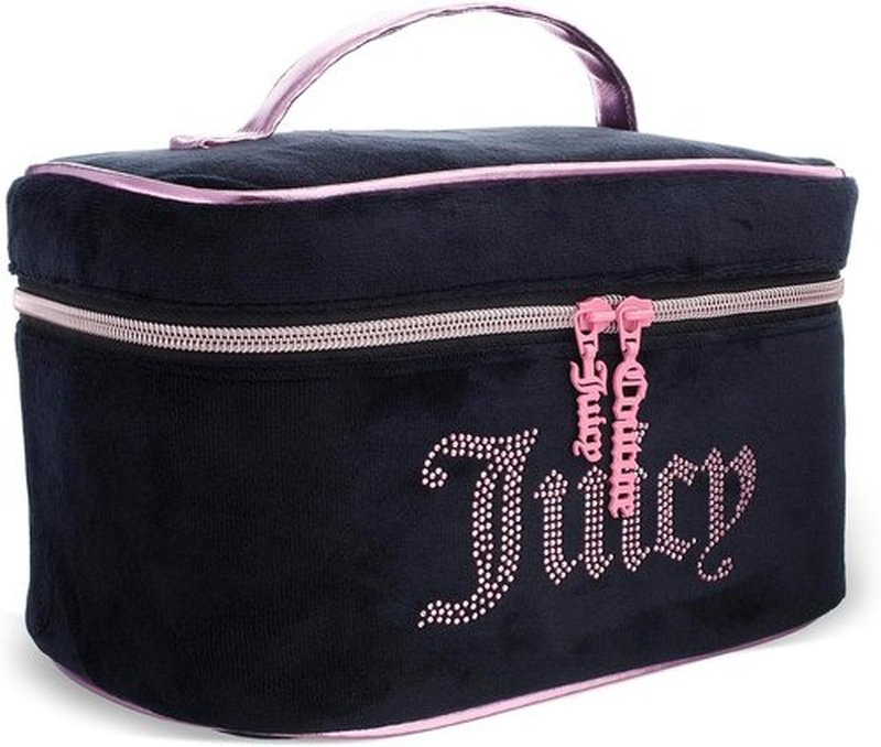 Juicy Couture Makeup Bag - Black Pink Velour Cosmetics Organizer with Rhinestones | Travel Essentials Case