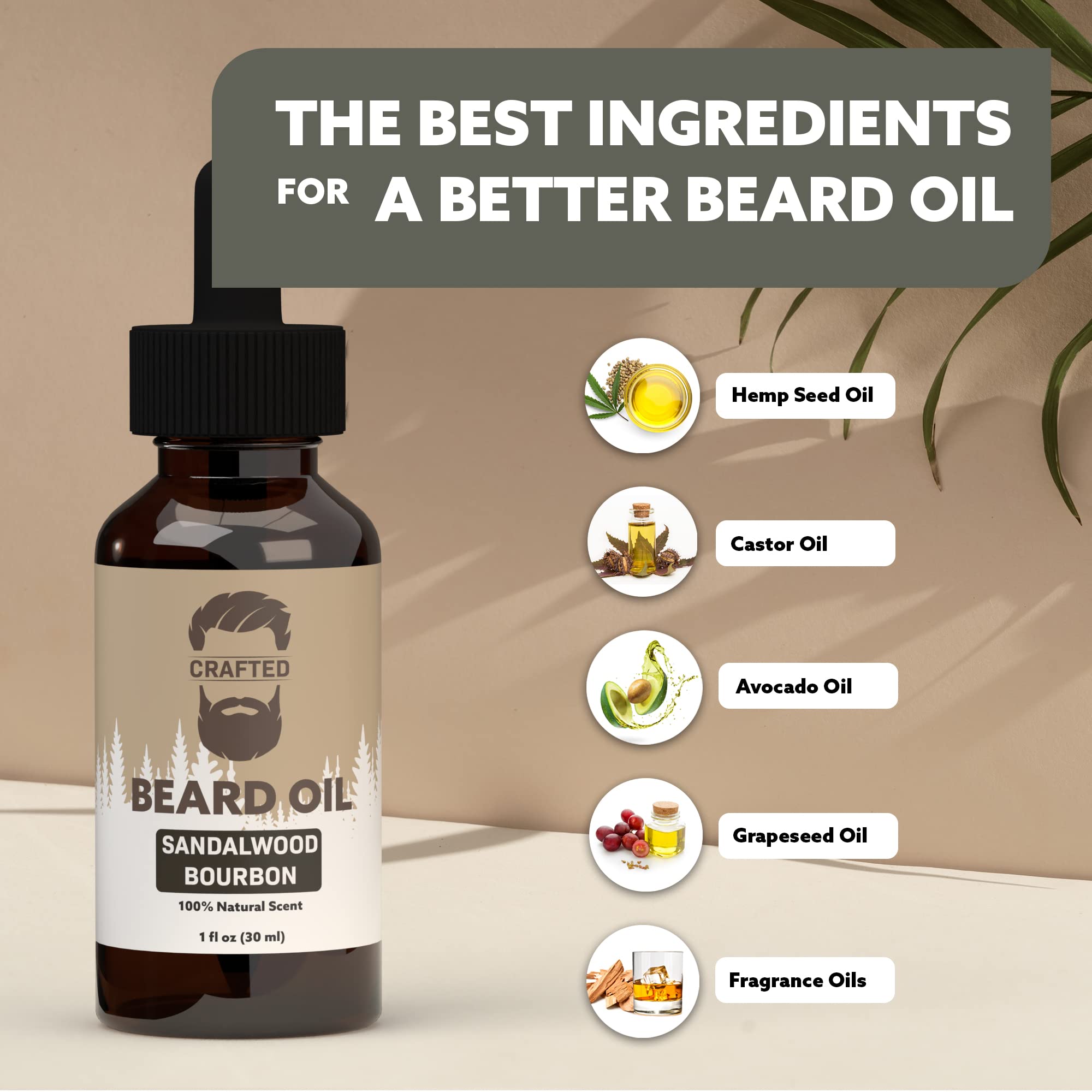 Crafted Beards Beard Oil Beard Oil Conditioner - Leave Your Beard Feeling Amazing - All Natural Ingredients - No Residue - Mustache Oil - 1oz - Made in the USA (Sandalwood Bourbon)