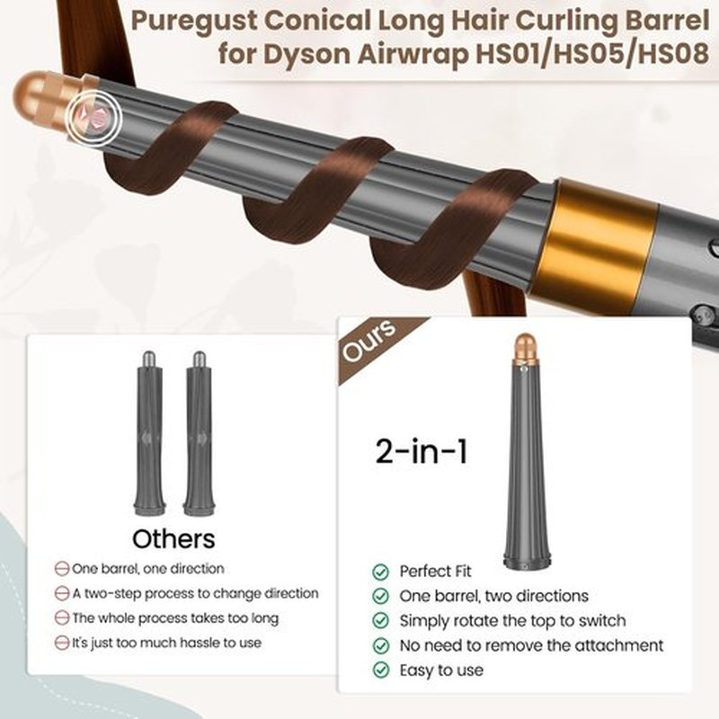 SWAZVAC Long Conical Barrel for Dyson Airwrap, 0.78-1.4 Inch Conical Curling Attachment Compatible with Airwrap HS01/05, Gold