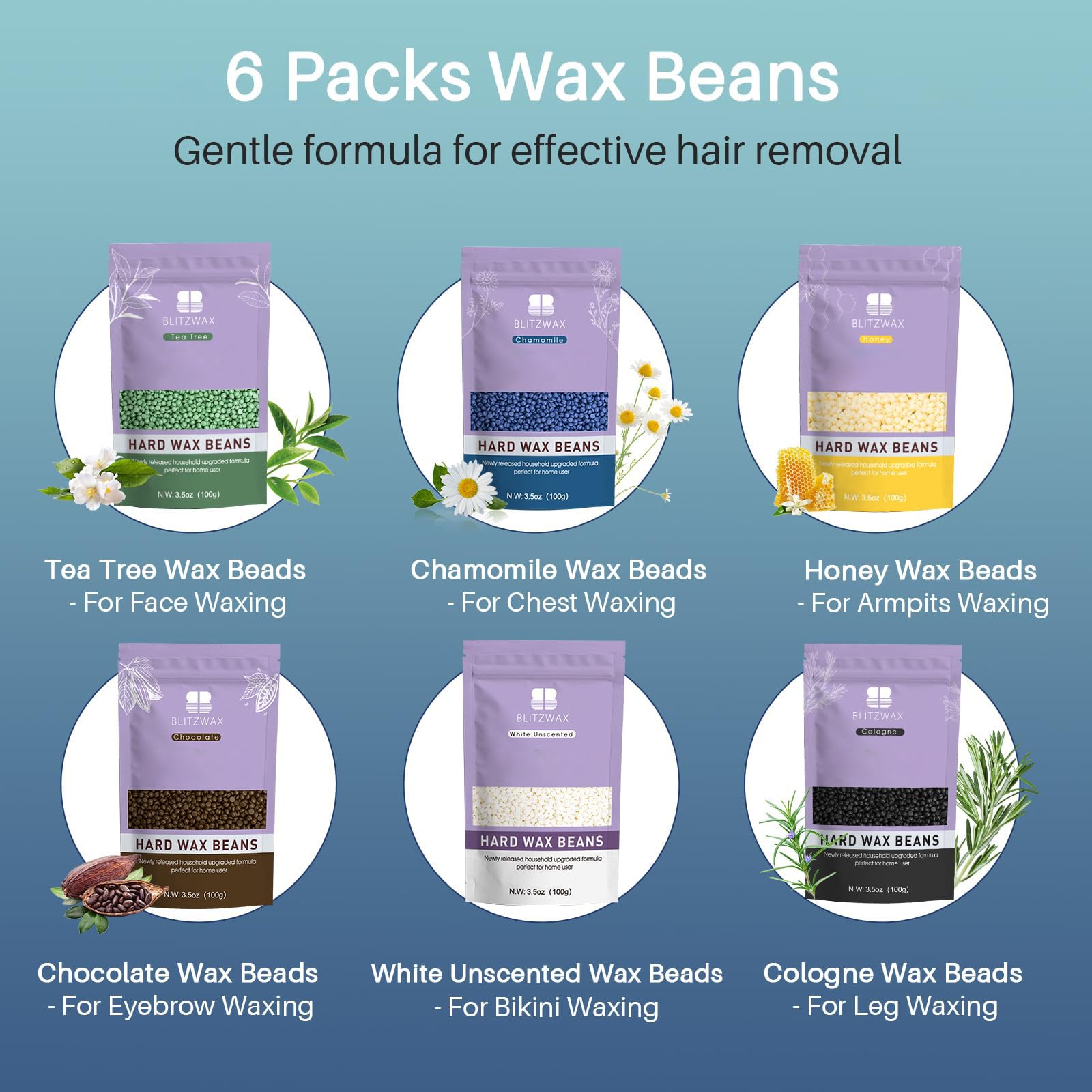 BLITZWAX Back and Nose Waxing Kit for Men, Hard Wax Warmer for Brazilian, Body and Face, At Home Hair Removal Kit, Beginner Friendly, Quick Heating, 93 Accessories, Blue Waves