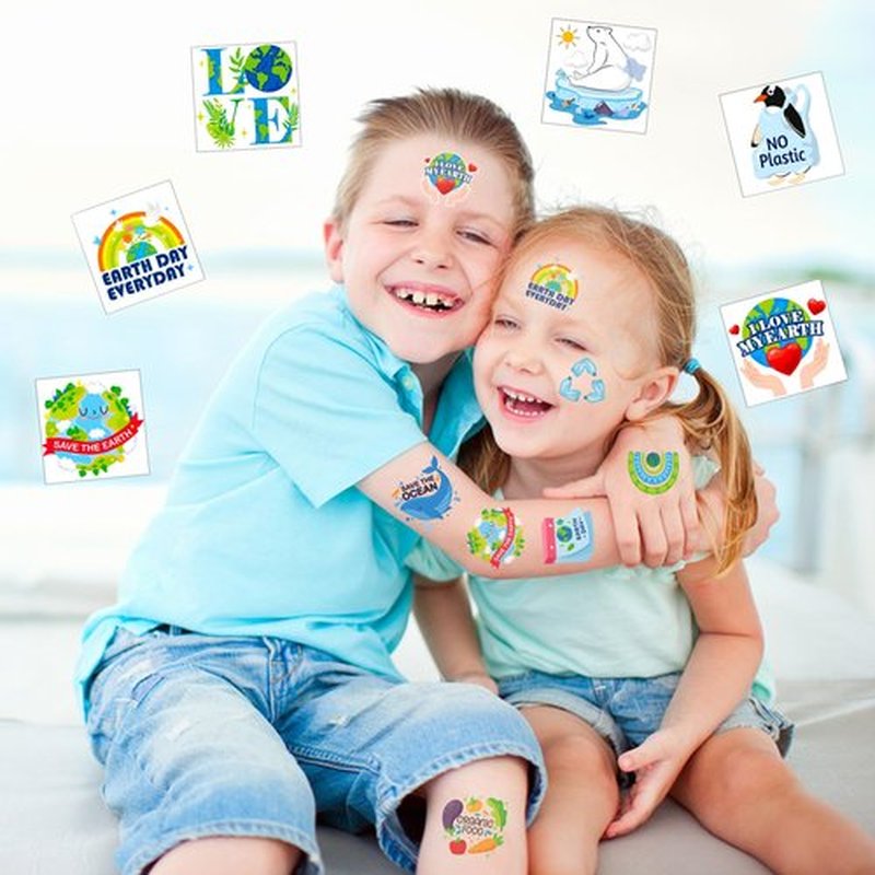 HOWAF 96pcs Earth Day Temporary Tattoos for Earth Day Decorations, Earth Day Tattoo Stickers for Kids, Earth Day Party Favors Environmental Protection Face Tattoos, Blue Green Save Earth Fake Tattoos