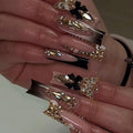 BABALAL Press on False Nails - Long Square Fake Nails Black Goth French Tip Glue on Acrylic Nails, Luxury Butterfly Charm Rhinestone Bling 24Pcs Handmade Glossy Squoval Manicure Artificial