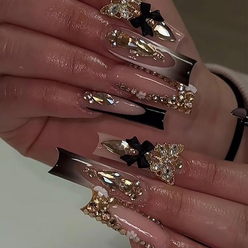BABALAL Press on False Nails - Long Square Fake Nails Black Goth French Tip Glue on Acrylic Nails, Luxury Butterfly Charm Rhinestone Bling 24Pcs Handmade Glossy Squoval Manicure Artificial