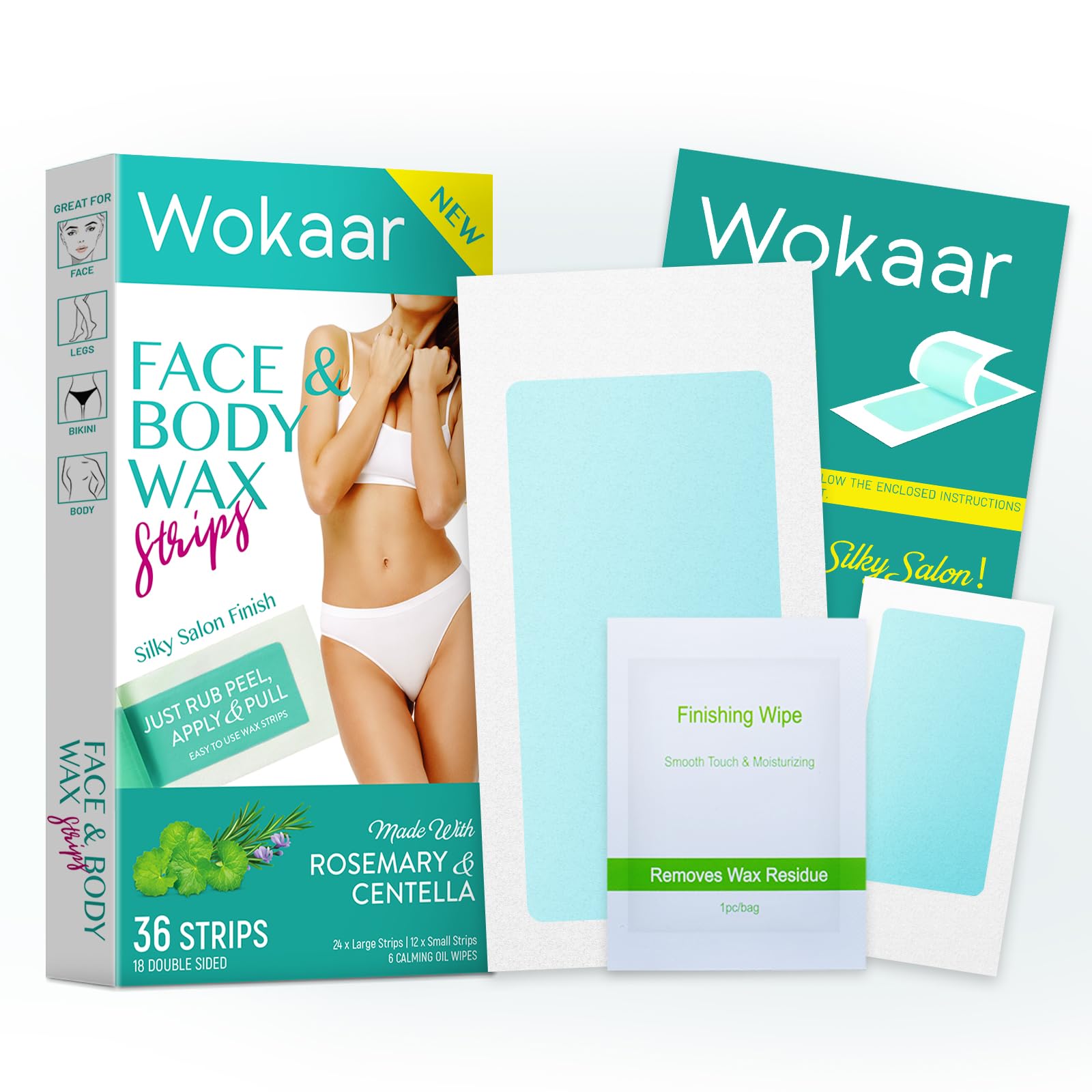Body Wax Strips | Hair Removal Wax Kit for Women and Men - 42 Count Beeswax & Rosemary Waxing Kit for Legs & Bikini, Underarms, Facial, Eyebrows, Face (24 Body +12 Facial Strip +6 Oil Wipes)