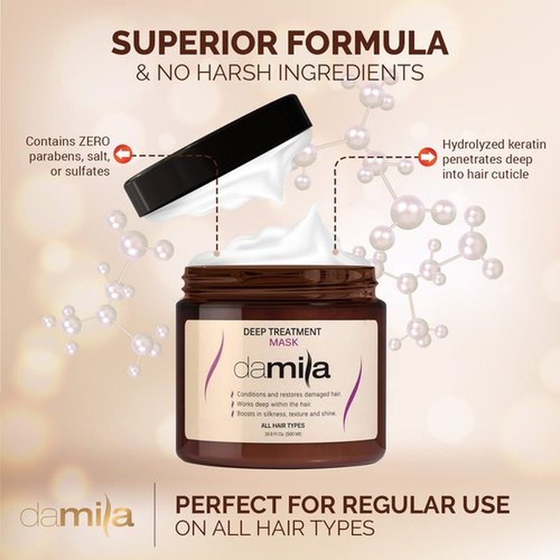 Damila Keratin Hair Mask - Deep Conditioning Treatment for Dry, Damaged Hair - 16.9 Fl. Oz | Restores Silkiness & Shine