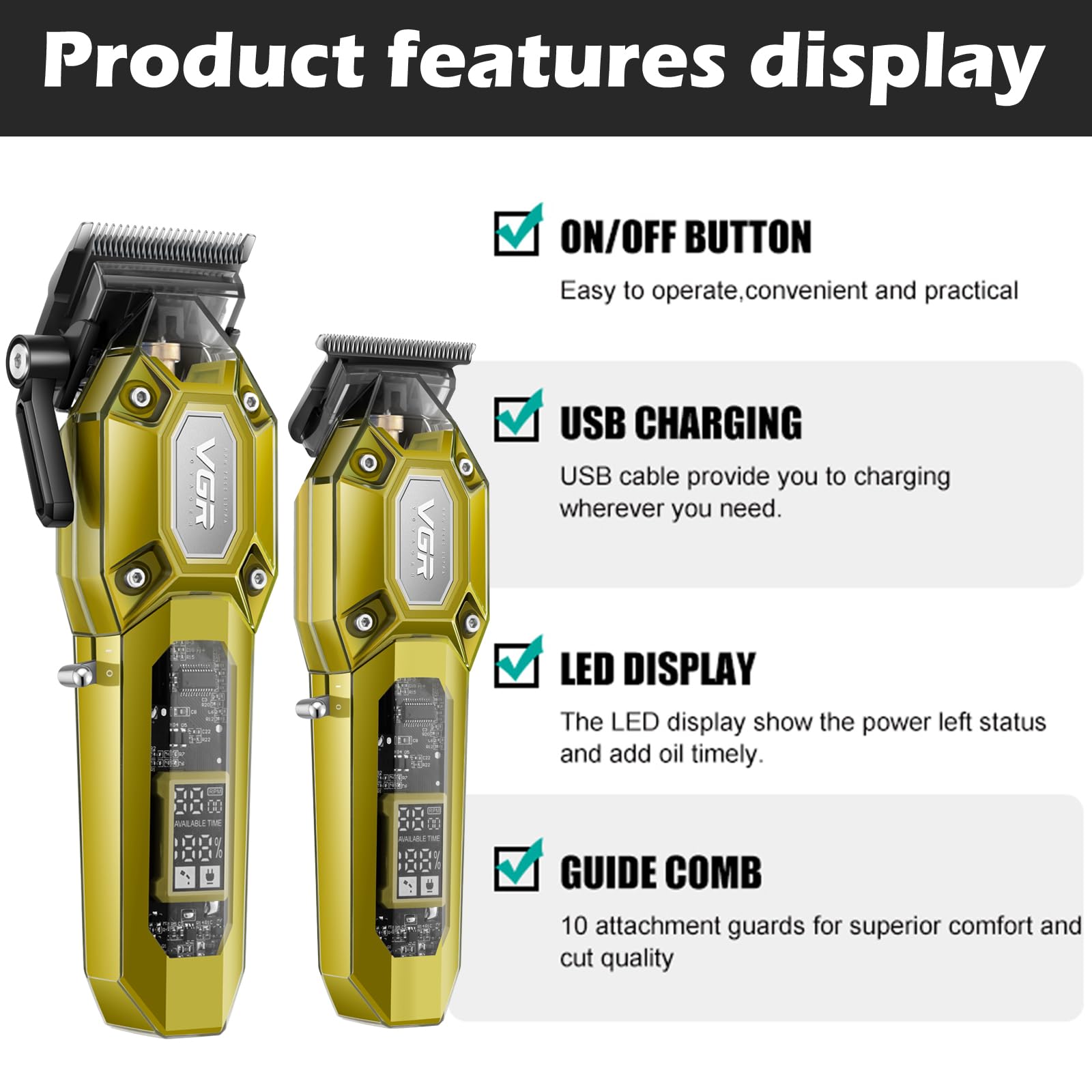 VGR 600&900 Cordless Barber Clipper Trimmer Set with LED Display, Gold