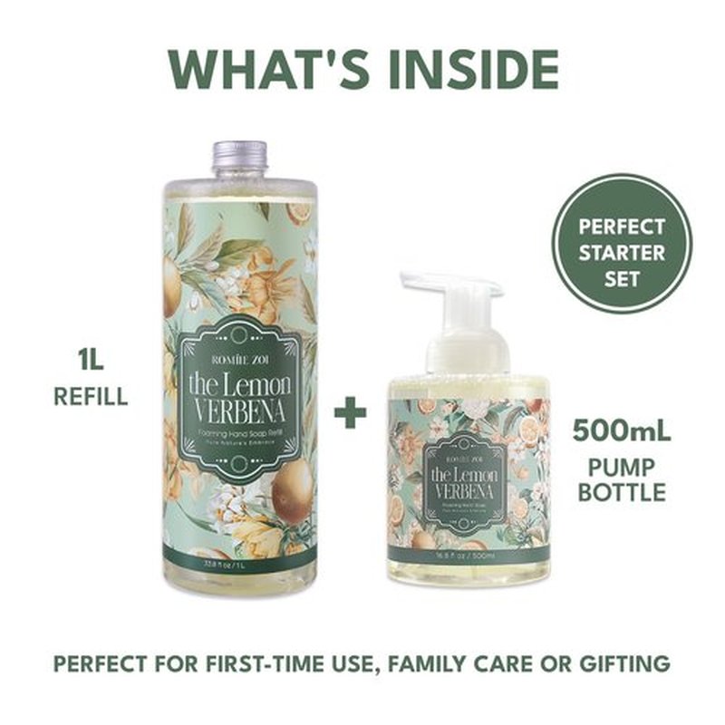 ROMIIE ZOI Foaming Hand Soap Gift Set, 1000ml Refill+500ml Foaming Soap, Cruelty-Free, Biodegradable Formula with Essential Oils for Sensitive Skin, Lemon Verbena Scent, For Kitchen & Bathroom
