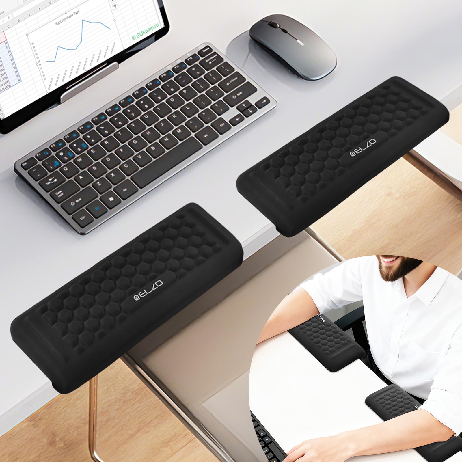 ELZO Desk Elbow Pads (2-Pack) L-Shaped Rest for Desk, Ergonomic Arm Rest Support, Memory Foam Desk Edge Cushion for Palm, Wrist & Forearm, Prevents Elbow & Wrist Strain