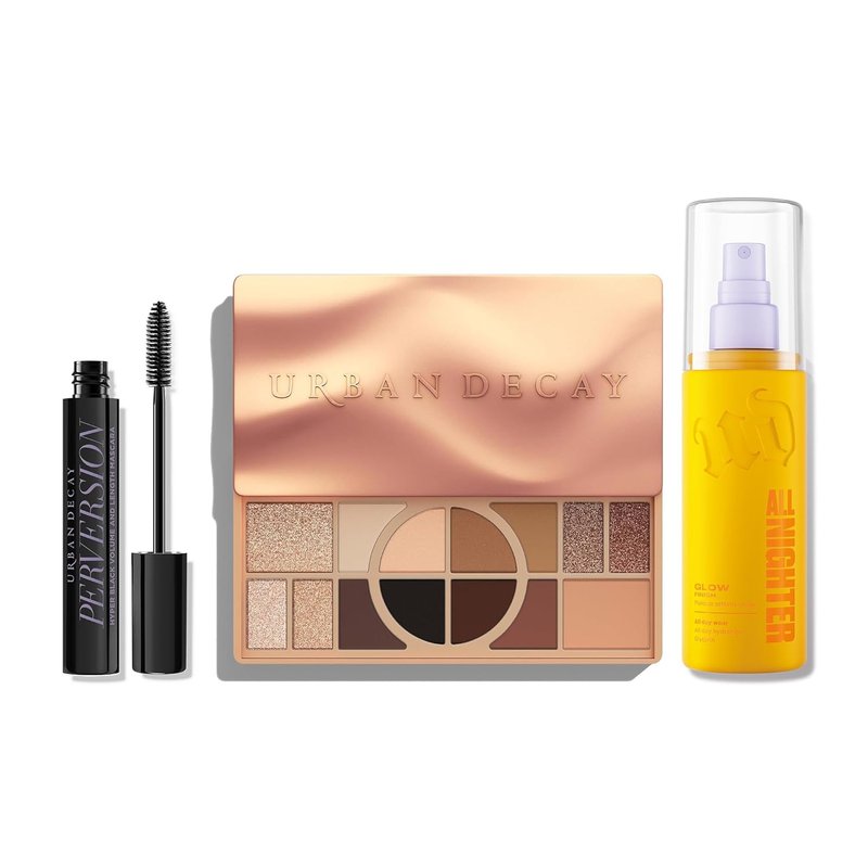 Urban Decay Radiant Holiday Makeup Set - Glow Getter 3Pc Bundle | All Nighter Dewy Spray, Naked Eyeshadow Palette, Perversion Mascara