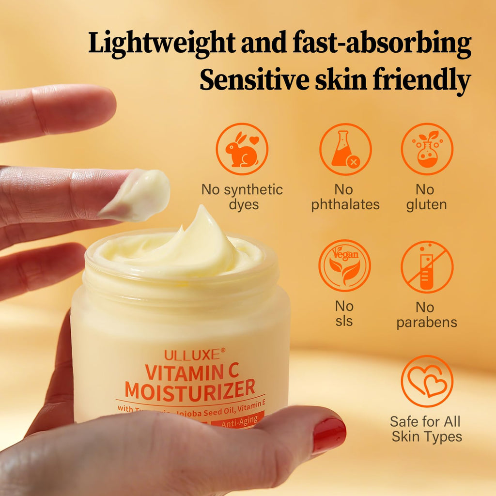 Vitamin C Face Moisturizer, Brightening & Anti-aging Face Cream with Turmeric for Dark Spots, Wrinkles & Uneven Tone, Glowing Skin Care Hydrating with Niacinamide & Squalane for All Skin Types, 2.3 Oz