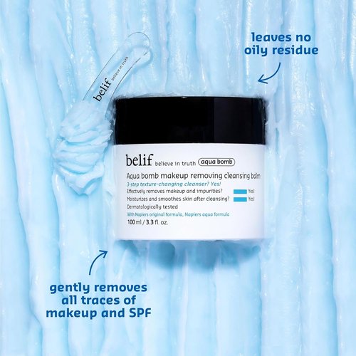 belif Aqua Bomb Cleansing Balm Makeup Remover, Hydrate & Deep Cleanse in 1 Step, Melt Away Makeup & SPF, Balm to Oil Cleanser Formula, No Oily Residue, Korean Skin Care (3.3 fl.oz., New Formula)