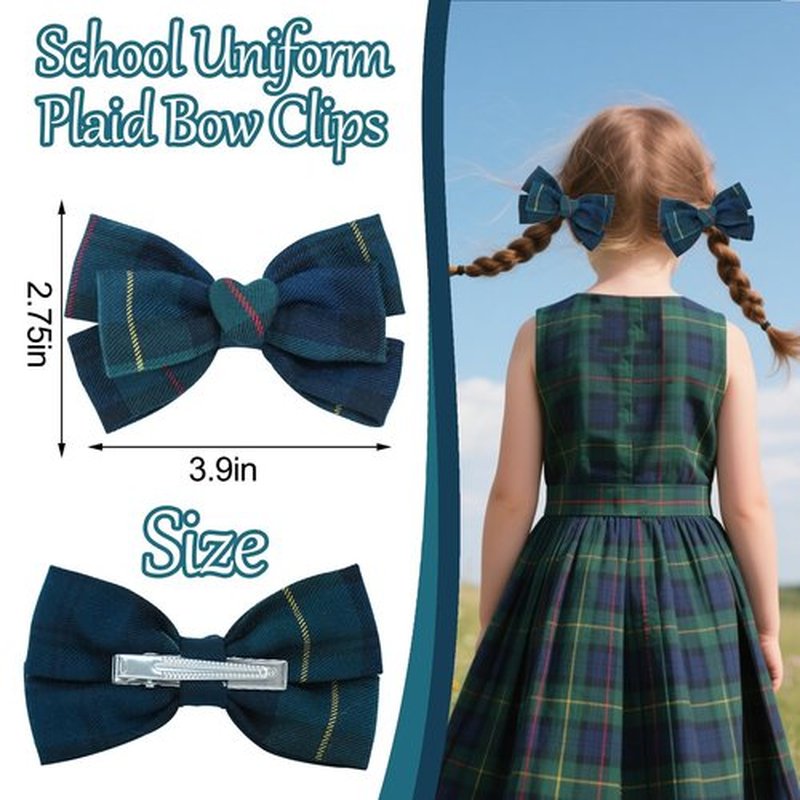 6pcs Uniform Hair Accessories for Girls, 2 Back to School Bows Clip 2 Plaid Bunny Ear Bowknot Scrunchies 2 Snap Barrettes Long Tail Hair Bow Set for Toddler Little Girl (Dark Green, Navy, Yellow, Red)