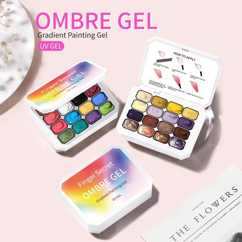 Finger Secret 16 Colors Ombre Gel Nail Polish Set,Ombre Color Palette Pat Painting Gradient Blooming Gel Polish with 100Pcs Nail Sponges for Gradient Gels Nail Art Patting in Salon or Home Use