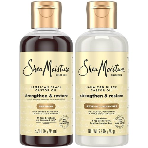 SheaMoisture Travel Essentials, Jamaican Black Castor Oil Strengthen & Restore Shampoo and Leave-in Conditioner Set, 3.2 Oz Each