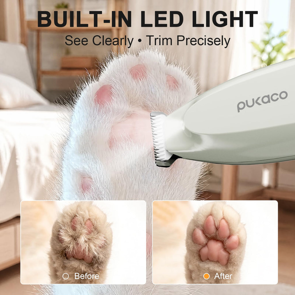 PUKACO 2026 Upgraded Dog Paw Trimmer with LED Light, Low Noise Small Pet Hair Trimmer 18mm Wide Curved Blade, 35dB Cordless Waterproof Pet Paw Grooming Clippers for Dogs, Cats, Paws, Ears, Face, Rump