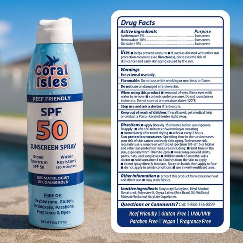 Coral Isles SPF 50 Sunscreen Spray - Hawaii Compliant - Oxybenzone & Octinoxate Free - Broad Spectrum - Water Resistant, 6 Fl Oz (Pack of 2)