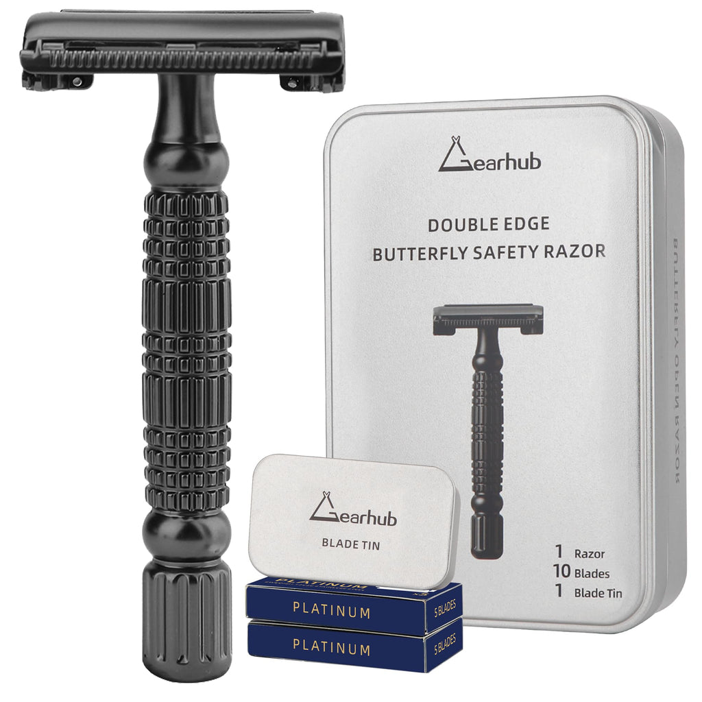 Gearhub Butterfly Double Edge Safety Razor Reusable Stainless Metal Wet Shaving Razor with 10 Swedish Platinum Blades for Men Women Barber Bikini Armpit Hair, Matte Black GR179