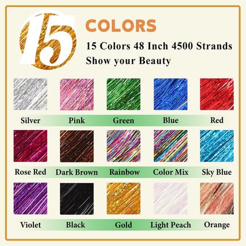 Hair Tinsel Kit With Body Glitter 15 Colors 48 Inch 4500 Strands Glitter Tinsel Hair Extensions With Tools Fairy Hair Accessories, Suitable for Festivals and Daily Use (15 Colors Hair Tinsel Kit)