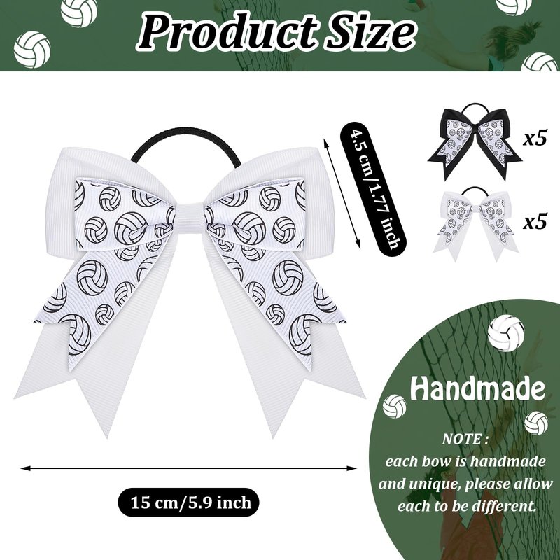 WILLBOND 10 Pcs Soccer Tennis Volleyball Hair Bows Elastic Sport Hair Tie Ponytail Holder Scrunchies Accessories Team gifts (Volleyball Style,Black,White)