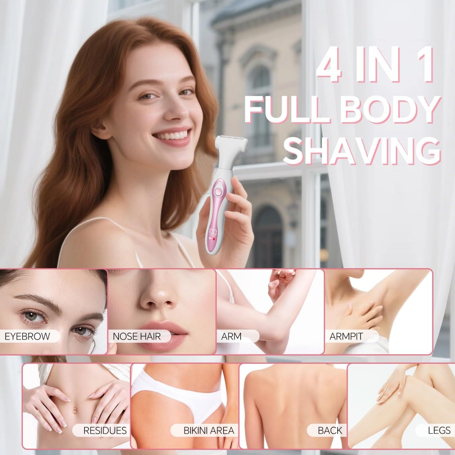 Electric Razors for Women, Painless Bikini Trimmer for Women for Silk Skin, 4-in-1 Wet/Dry Cordless Body Shaver, IPX6 Waterproof Replaceable Facial, Eyebrow, Nose Trimmer, Type-C Fast Charge, Pink