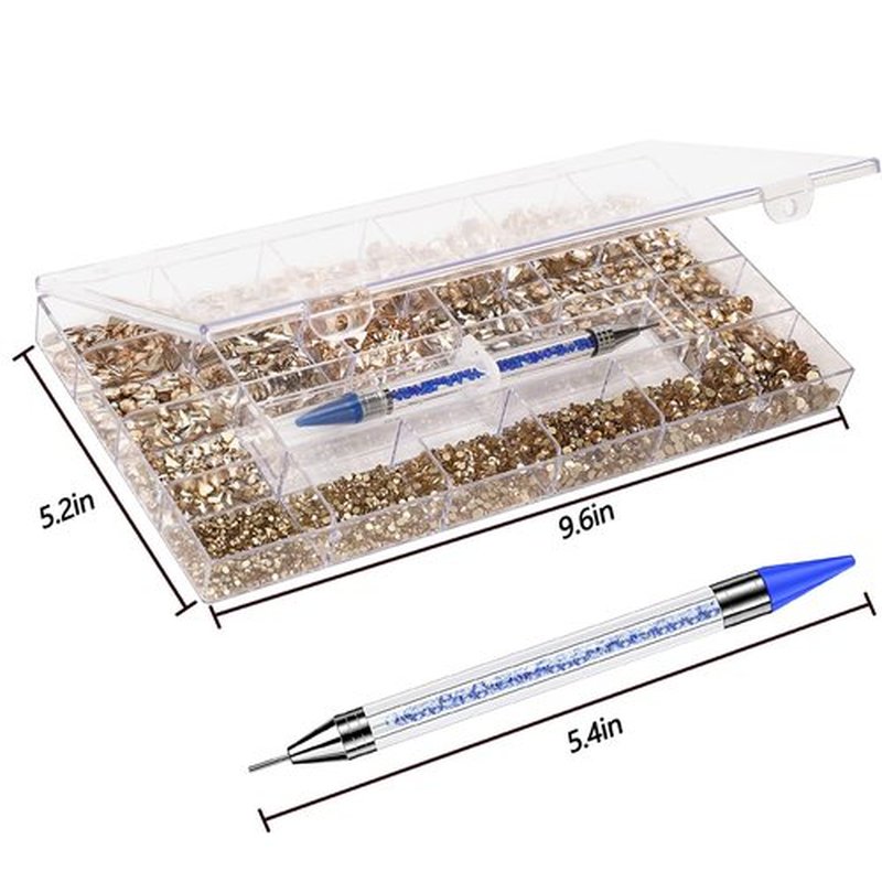 HINABTRU Gold Rhinestones for Nails Champagne Nail Gems Diamonds-7220Pcs Nail Crystals Jewels-Nail Charms Accessories for Nail Decoration(14 Different Shape+ 6520 Round Gold Nail Stones+Wax Pen)