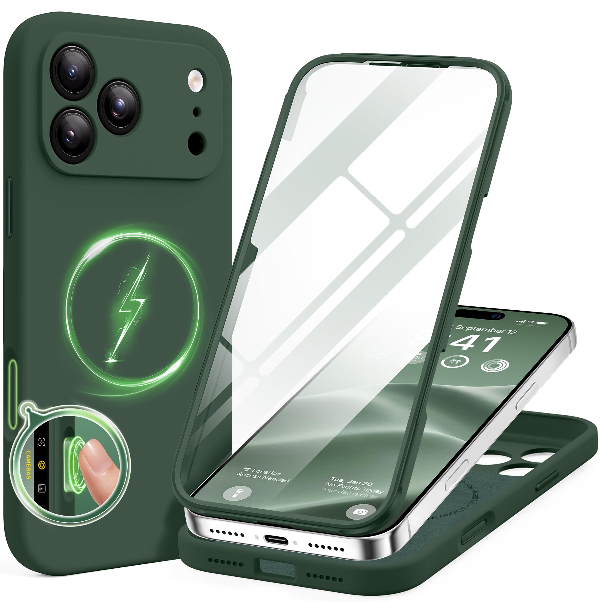 BERFY for iPhone 17 Pro Max Case, Compatible with MagSafe, Built-in Glass Screen Protector, Camera Protection, Shockproof Full Body Phone Case 6.9", Silicone Green