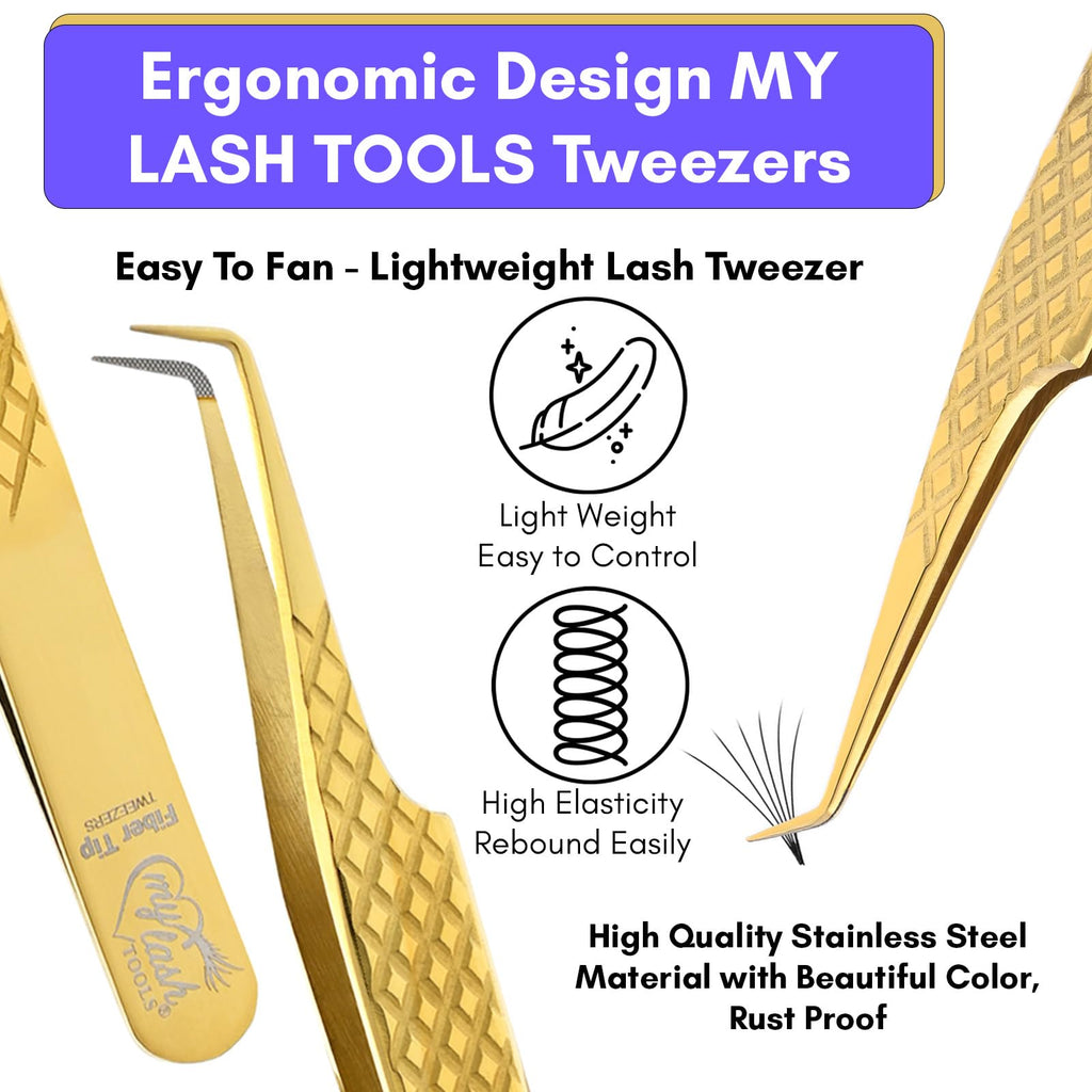 My Lash Tools Fiber Tip Lash Tweezers for Eyelash Extension Curved 90 Degree Angle Boot Tweezer Best for Volume, Individual Isolation & Classic Lashes Stainless Steel Lash Supply (Gold)
