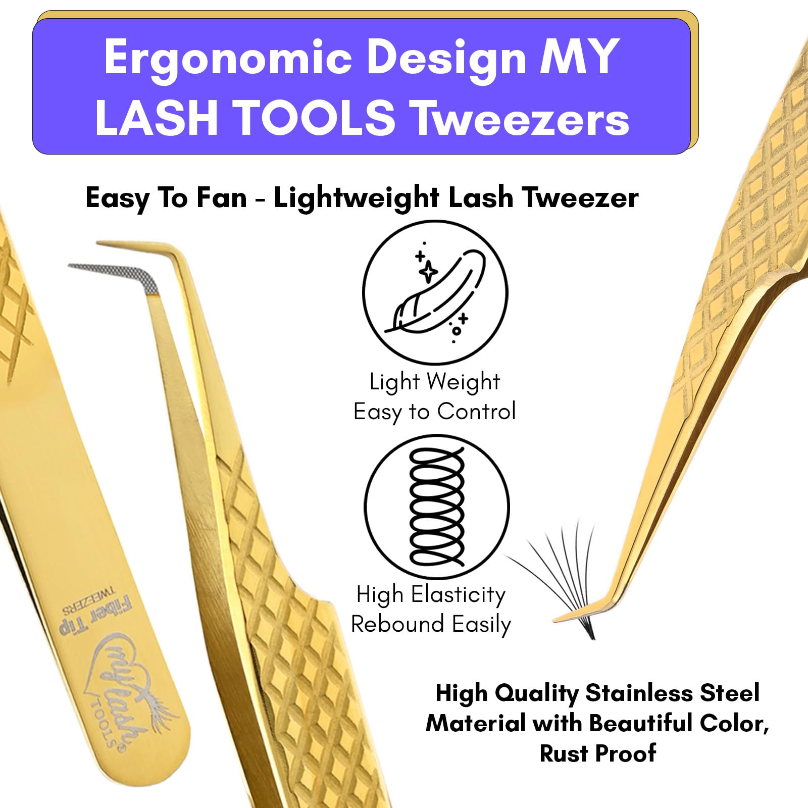 My Lash Tools Fiber Tip Lash Tweezers for Eyelash Extension Curved 90 Degree Angle Boot Tweezer Best for Volume, Individual Isolation & Classic Lashes Stainless Steel Lash Supply (Gold)