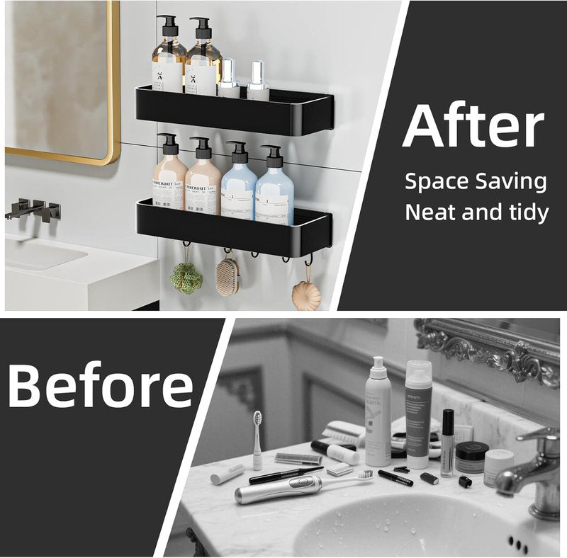 Wisfame Shower Caddy - Adhesive No Drill Rustproof Bathroom Shelf | 2 Pack Large Capacity Aluminum with 5 Hooks - Black