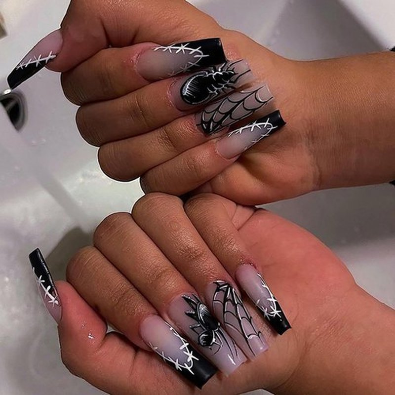 SWEKKE Halloween Press-on Nails Long Coffin French Tip Fake Nails Full Cover Big Spider&Spider Web Black False Nails with Designs 24 Pcs