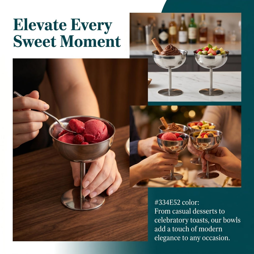 4PCS Stainless Steel Dessert Bowls, 5oz Ice Cream Cups, Stem Footed Metal Sundae Serving Dishes, Shatterproof Pudding Containers, Reusable Coupe Dessert Cup for Weddings Party Family Gathering(Silver)