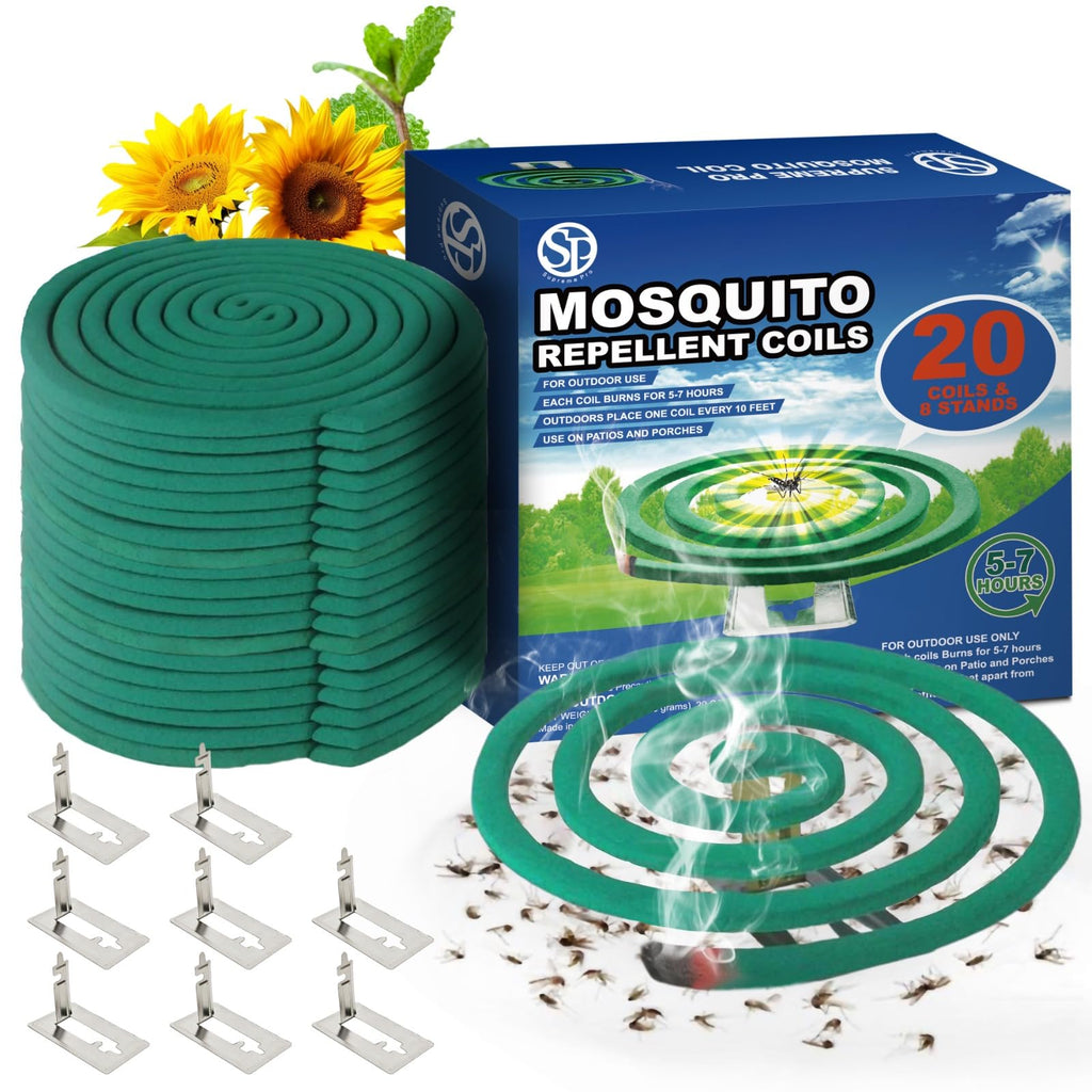Natural Essential Oil Scented Coils - Outdoor Use Reaches Up to 10 feet - Each Burns for 5-7 Hours (20 coils & 8 Coil Stands) for Patio Backyard