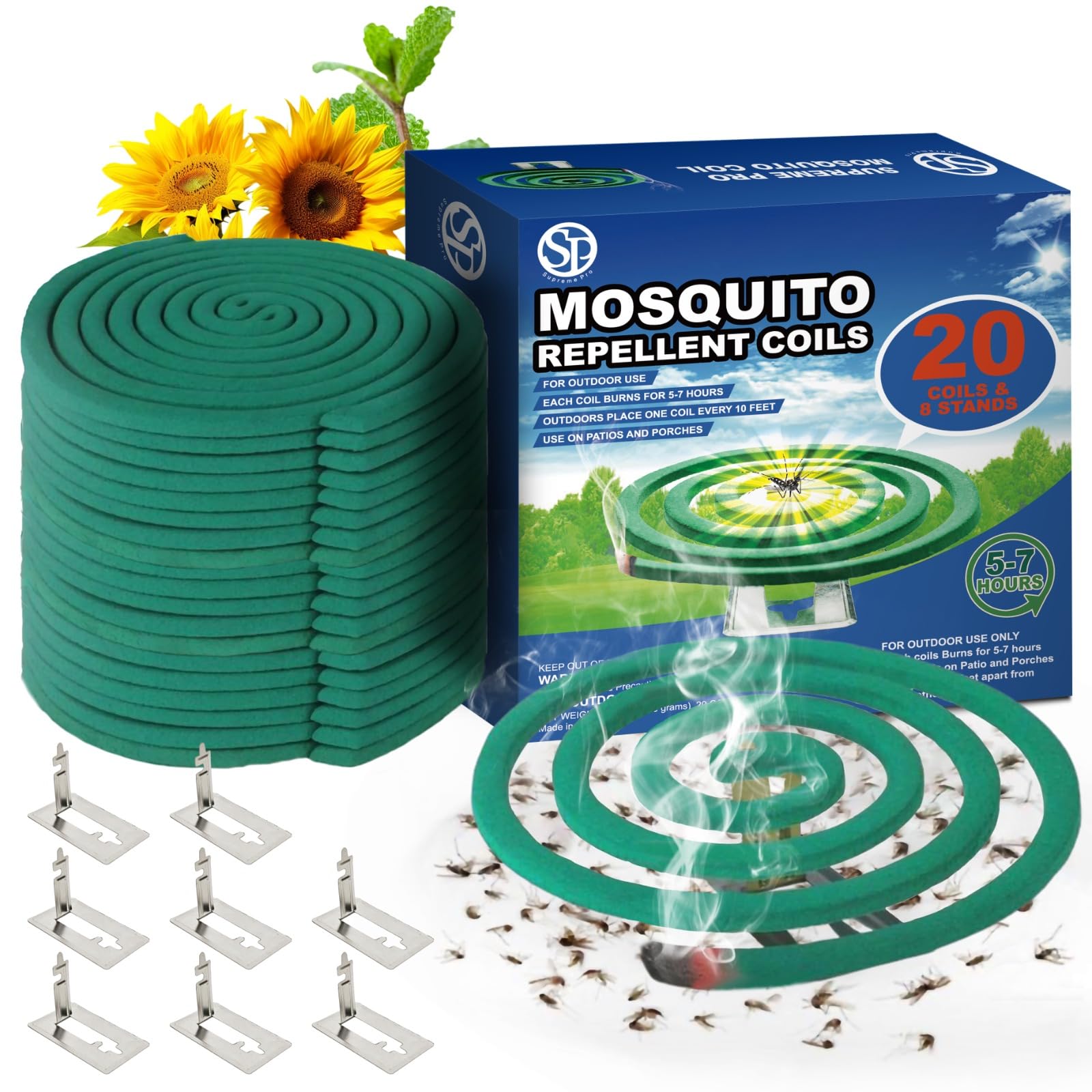 Natural Essential Oil Scented Coils - Outdoor Use Reaches Up to 10 feet - Each Burns for 5-7 Hours (20 coils & 8 Coil Stands) for Patio Backyard