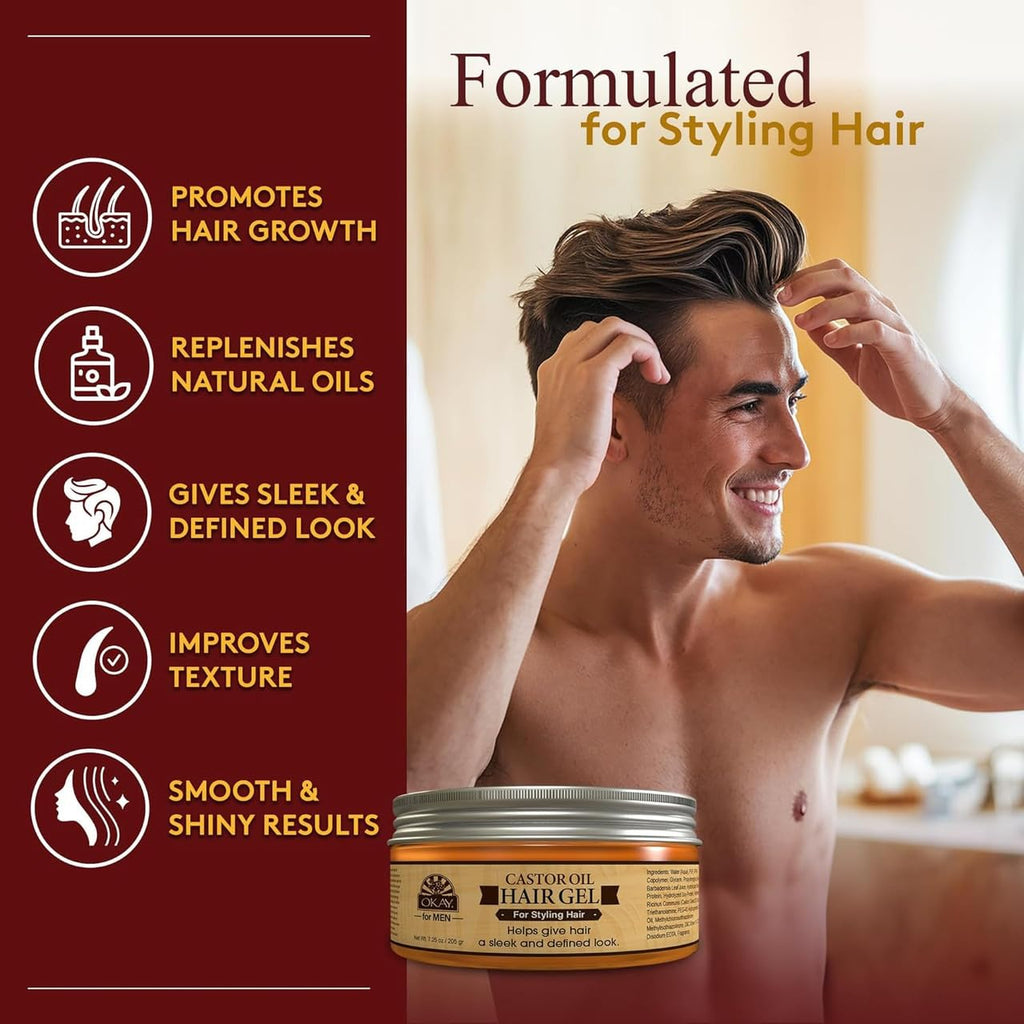 OKAY MEN Castor Oil Hair Gel - Castor Oil Gel for Men, Strong Hold & Shine Pomade for Natural Curly Hair, Anti Frizz Gel for Styling Braids, Locs, Twists - 7.25 Oz (Pack of 1)