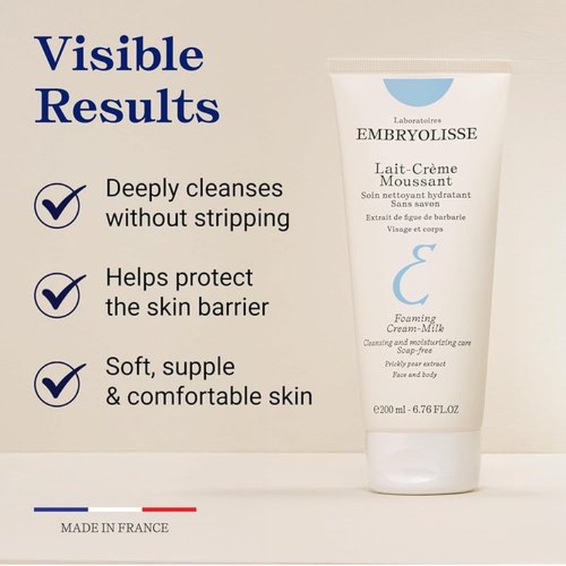 Embryolisse Foaming Cream Milk - Hydrating Soap-Free Cleanser for Face & Body | 6.76 Fl Oz