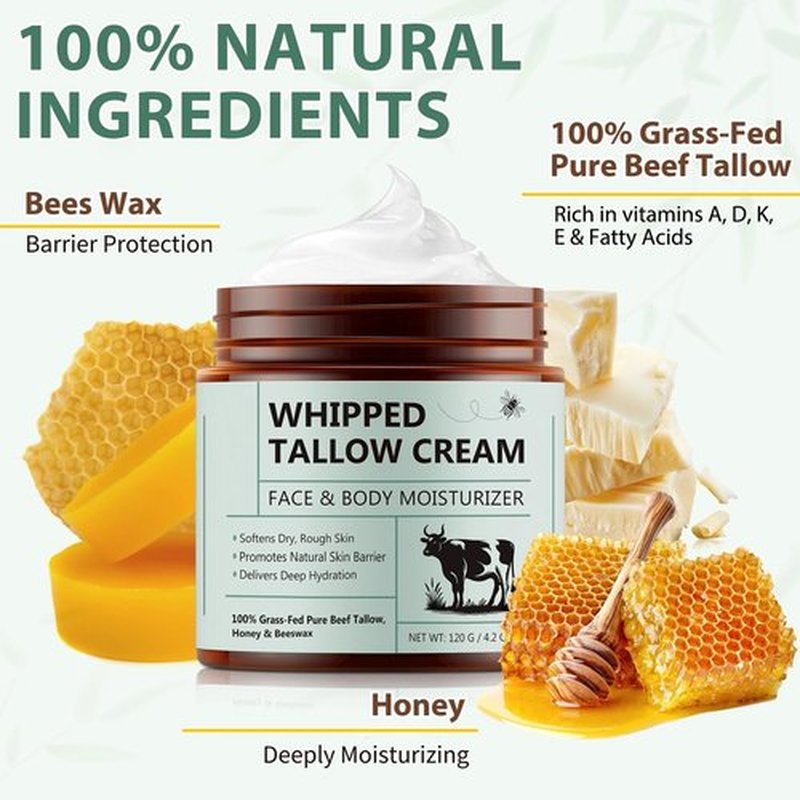 laraspi Beef Tallow for Skin, Beef Tallow Moisturizer, 4.2 oz Organic Whipped Grass Fed Beef Tallow with Honey Cream for Face & Body, Unscented
