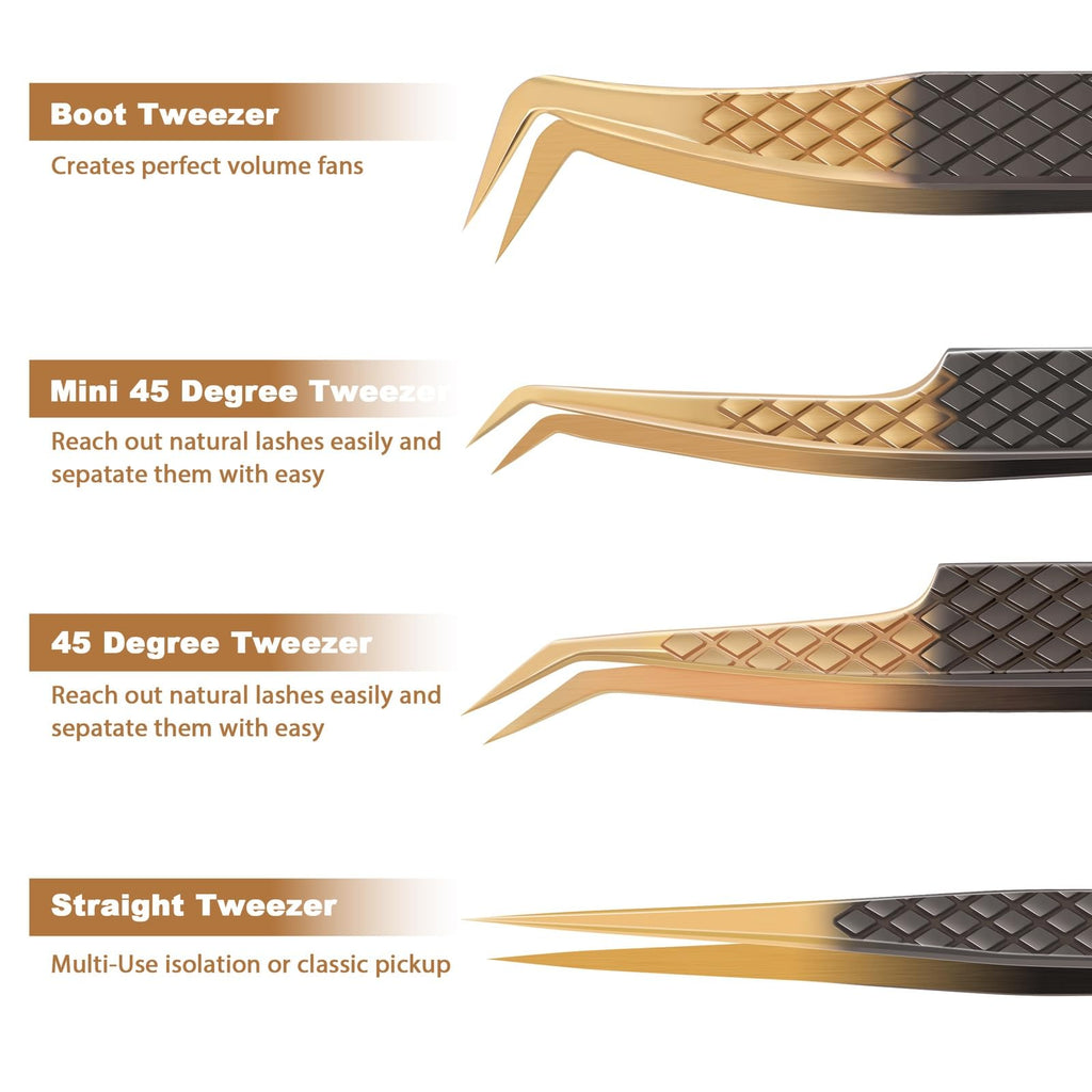 POCMKO Lash Tweezers for Eyelash Extension, Set of 4 Lash Extension Tweezers with Diamond Grip, High Precision Eyelash Tweezers Set for Volume & Classic Lashes
