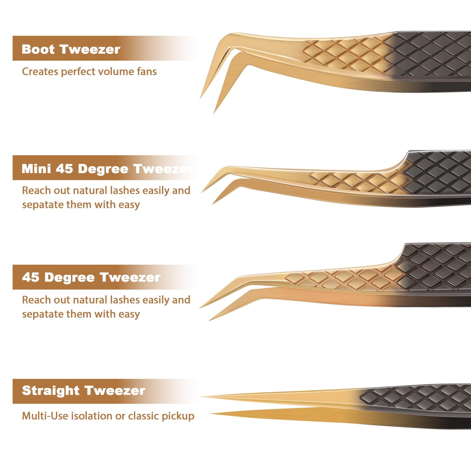 POCMKO Lash Tweezers for Eyelash Extension, Set of 4 Lash Extension Tweezers with Diamond Grip, High Precision Eyelash Tweezers Set for Volume & Classic Lashes