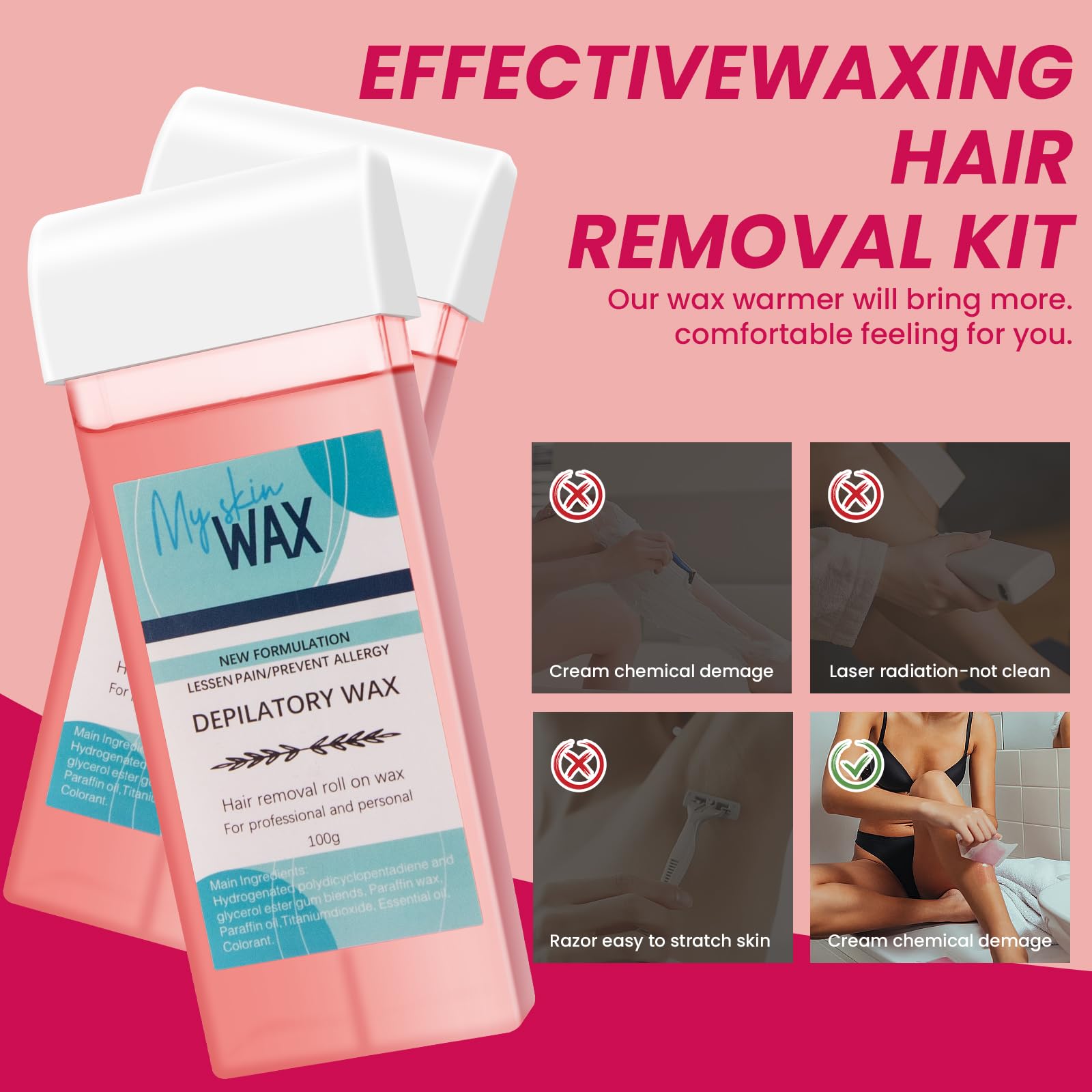 Wax Roller Kit, 4 Pcs Wax Cartridge Refills, Roll On Waxing for Coarse/Fine Hair Removal, Roller Waxing Kit for Women & Men Sensitive Skin, Hair Removal for Body Hair, Legs Arms at Home Kit
