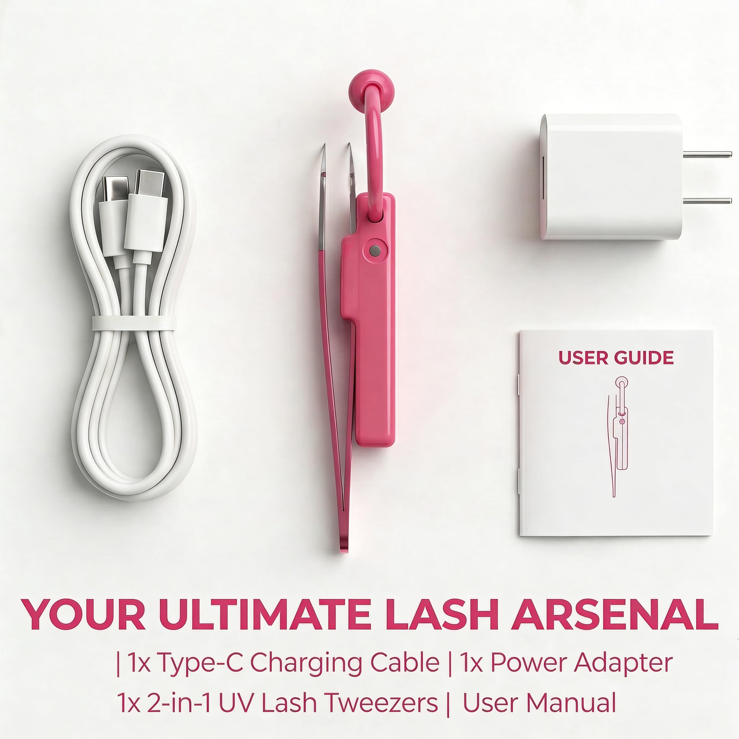 2-in-1 Mini UV Lash Light 180° Rotation Attachment for Tweezers - 1-2s Rapid Cure LED Lamp for Eyelash Extensions - Cordless, Lightweight (1 oz), Rechargeable - Eliminate Floor UV Lamps Hot Pink
