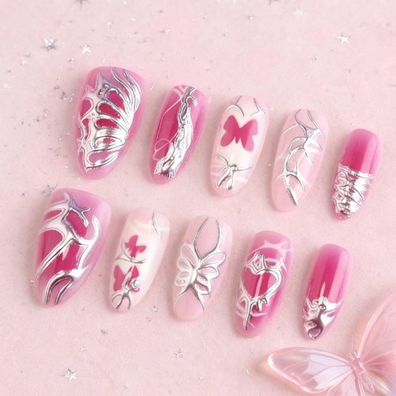 30 Pcs 3D Butterfly Press on Nails Valentines Almond Medium False Nails Love Heart Acrylic Fake Nail Glossy Red Gradient Stick on Fingernails Curve Line Gel Glue on Nail for Women Valentine's Gift