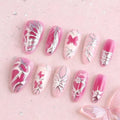 30 Pcs 3D Butterfly Press on Nails Valentines Almond Medium False Nails Love Heart Acrylic Fake Nail Glossy Red Gradient Stick on Fingernails Curve Line Gel Glue on Nail for Women Valentine's Gift